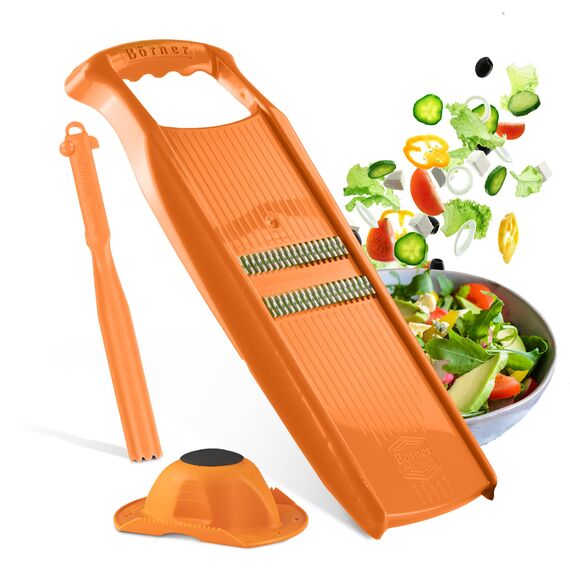 Börner Roko PowerLine Gemüseschneider Geschenk-Set (3-tlg.) • Feiner Streifenschneider für Obst & Gemüse + Fruchthalter + Kombischäler • Gemüsehobel • Küchenhobel Set • Farbe: Orange
