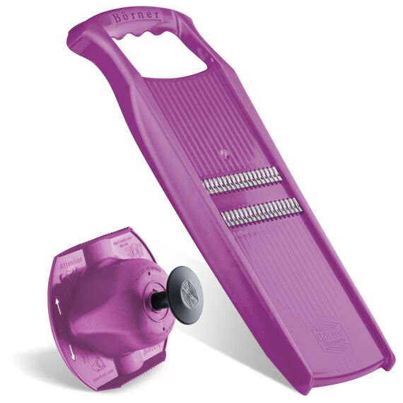 Börner Roko PowerLine Gemüseschneider Set mit Fruchthalter (2-tlg.) • Feiner Streifenschneider für Obst & Gemüse + Gemüsehalter • Julienne Schneider • Gemüsehobel Set • Farbe: Violett