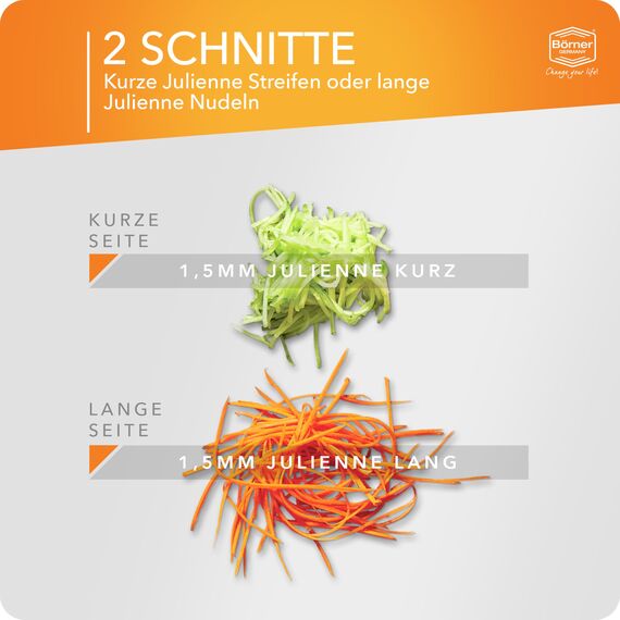 Börner Roko PowerLine Gemüseschneider • Streifenschneider für Obst & Gemüse • Julienne Schneider für feine Streifen • Gemüsehobel fein • Küchenhobel • Reibe (Orange)