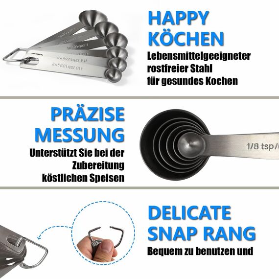 Rena Chris Messlöffel, Premium Heavy Duty 18/8 Edelstahl Messlöffel Becher Set, kleine Esslöffel mit Metric und Set von 6 zum Messen von trockenen und flüssigen Zutaten