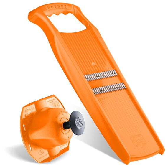 Börner Roko PowerLine Gemüseschneider Set mit Fruchthalter (2-tlg.) • Feiner Streifenschneider für Obst & Gemüse + Gemüsehalter • Julienne Schneider • Gemüsehobel Set • Farbe: Orange