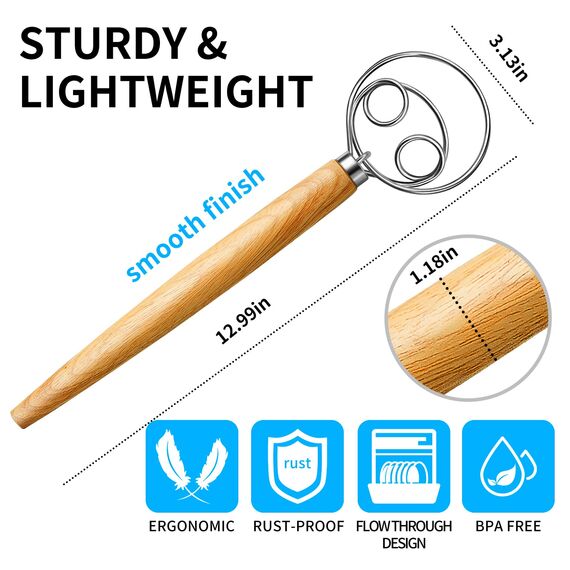 TEEVEA Dänischer Teigbesen aus Edelstahl, Teigbesen im niederländischen Stil, Brotteig, Handmixer, Holzgriff, Küchenbackwerkzeuge, Brotherstellungswerkzeuge und Zubehör
