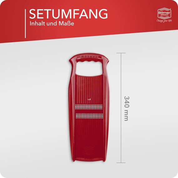 Börner Roko PowerLine Gemüseschneider • Streifenschneider für Obst & Gemüse • Julienne Schneider für feine Streifen • Gemüsehobel fein • Küchenhobel • Reibe (Rot)
