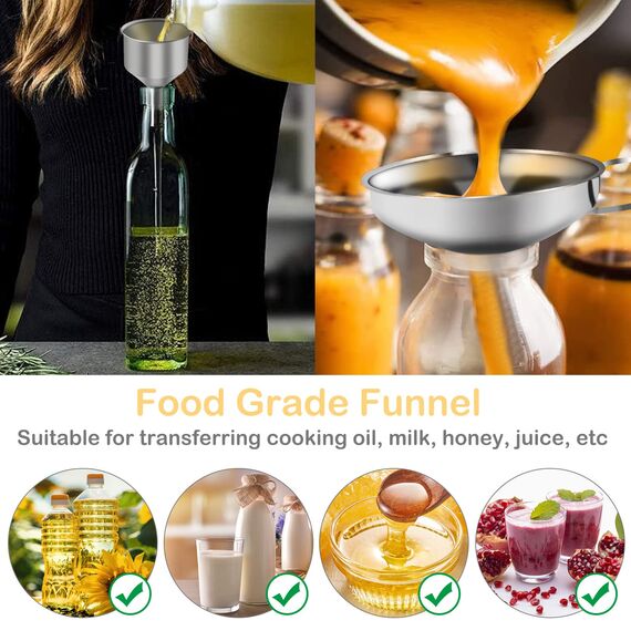 4 Stück Trichter Edelstahl Set, Marmeladentrichter, Einmachtrichter aus Edelstahl, Einfülltrichter mit Griff, zum Umfüllen von Gewürzen, Flüssigkeiten, Pulver, Bohnen, Konfitüre (3 Größen, 1 Bürste)