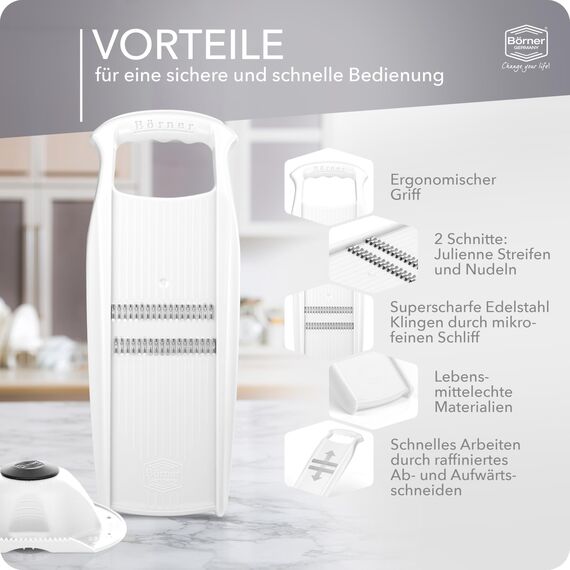 Börner Roko PowerLine Gemüseschneider Set mit Fruchthalter (2-tlg.) • Feiner Streifenschneider für Obst & Gemüse + Gemüsehalter • Julienne Schneider • Gemüsehobel Set • Farbe: Weiß