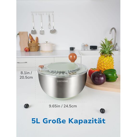 Lunememo 5L Salatschleuder Edelstahl 18/10, Rutschfester Boden & Stopptaste, Groß Salat Schleuder mit Deckel, BPA-frei