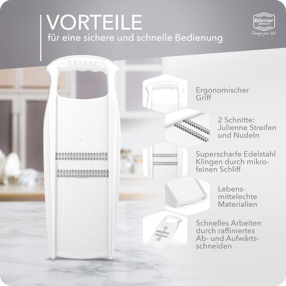 Börner Roko PowerLine Gemüseschneider • Streifenschneider für Obst & Gemüse • Julienne Schneider für feine Streifen • Gemüsehobel fein • Küchenhobel • Reibe (Weiß)