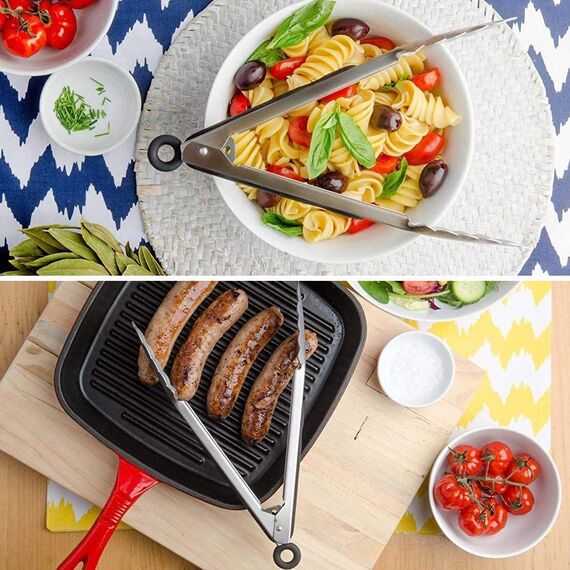 iNeibo Grillzange Edelstahl Hochwertige Küchenzange Mit Hitzebeständigem Silikongriff Und Sicherm Verschlusssystem 2er Set Zange Küche (23cm/31cm)