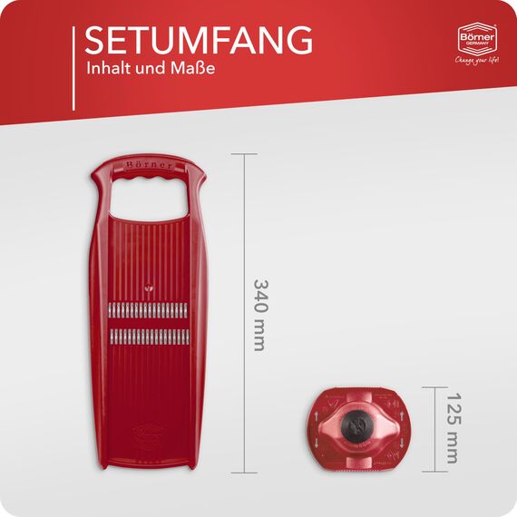 Börner Roko PowerLine Gemüseschneider Set mit Fruchthalter (2-tlg.) • Feiner Streifenschneider für Obst & Gemüse + Gemüsehalter • Julienne Schneider • Gemüsehobel Set • Farbe: Rot