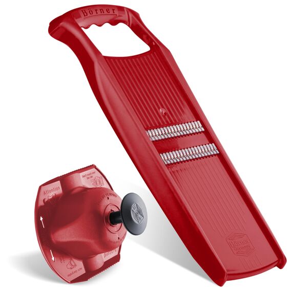 Börner Roko PowerLine Gemüseschneider Set mit Fruchthalter (2-tlg.) • Feiner Streifenschneider für Obst & Gemüse + Gemüsehalter • Julienne Schneider • Gemüsehobel Set • Farbe: Rot