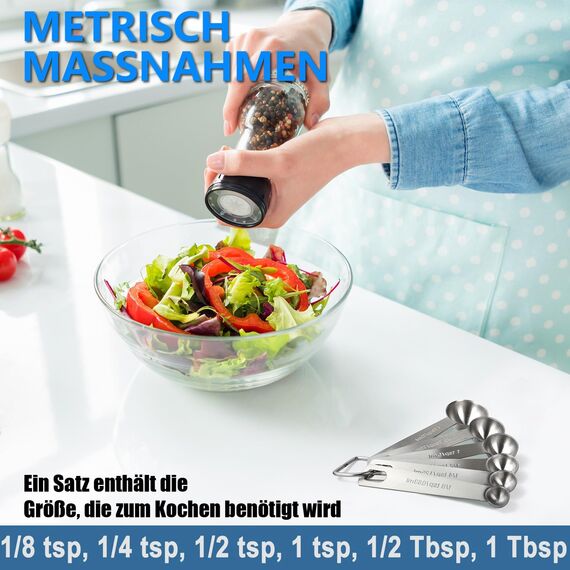 Rena Chris Messlöffel, Premium Heavy Duty 18/8 Edelstahl Messlöffel Becher Set, kleine Esslöffel mit Metric und Set von 6 zum Messen von trockenen und flüssigen Zutaten