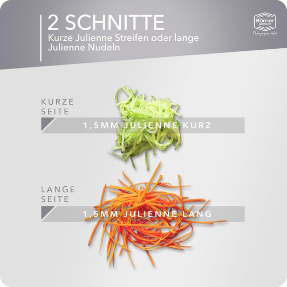 Börner Roko PowerLine Gemüseschneider Set mit Fruchthalter (2-tlg.) • Feiner Streifenschneider für Obst & Gemüse + Gemüsehalter • Julienne Schneider • Gemüsehobel Set • Farbe: Weiß