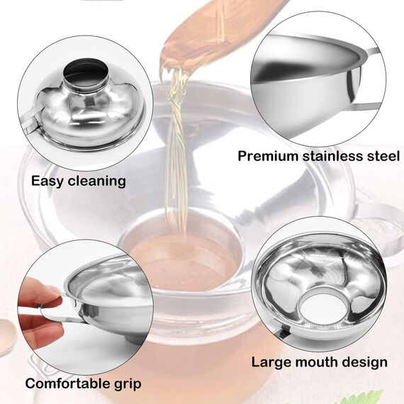 4 Stück Trichter Edelstahl Set, Marmeladentrichter, Einmachtrichter aus Edelstahl, Einfülltrichter mit Griff, zum Umfüllen von Gewürzen, Flüssigkeiten, Pulver, Bohnen, Konfitüre (3 Größen, 1 Bürste)