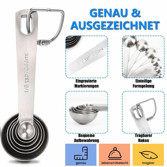 Rena Chris Messlöffel, Premium Heavy Duty 18/8 Edelstahl Messlöffel Becher Set, kleine Esslöffel mit Metric und Set von 6 zum Messen von trockenen und flüssigen Zutaten