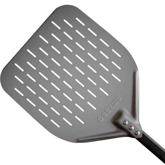 AMZBBQ® Premium Pizzaschieber - 35 x 35 x 71 cm Perforierte Pizzaschaufel aus Harteloxiertem Aluminium zum Leichten Gleiten auf Pizzastein - Grill Zubehör Geschenk für Männer