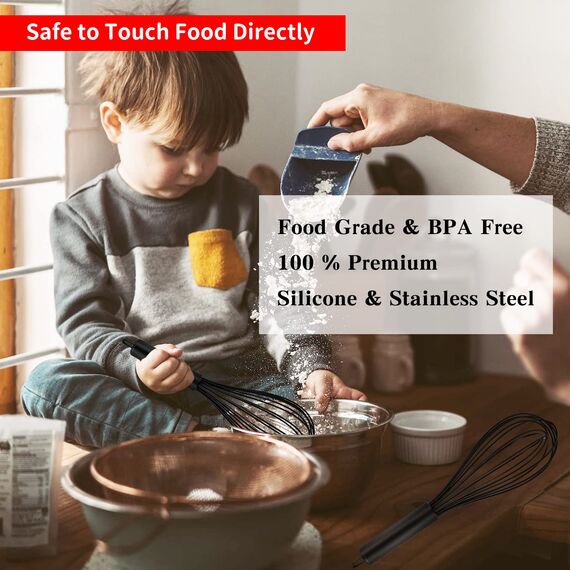 TEEVEA Silikon-Schneebesen, 3er-Set, kratzfest, antihaftbeschichtet, silikonbeschichtet, Edelstahldraht, hitzebeständig, 250 °C, Küchenhelfer zum Kochen, Mischen, Schneebesen, Werkzeug, Schwarz