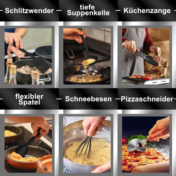 Küchenhelfer Set, 43-teiliges Silikon Kochutensilien Kochbesteck Set, Hitzebeständiger Kochgeschirr mit Utensilienhalter, Antihaft Kochset Küchenutensilien, Spülmaschinenfest - Schwar