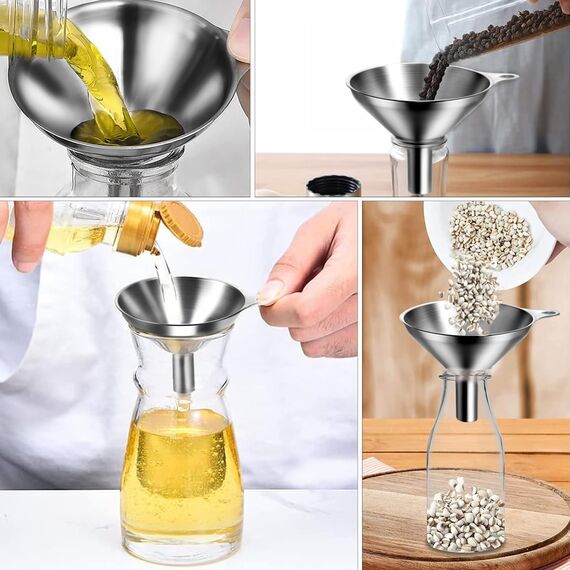 AOKITO 3 Stück Trichter Edelstahl (7.5cm/5.5cm/4.5cm), Trichter Küche, Metall Einfülltrichter, für die Übertragung von Flüssigen Zutaten, Trockenen Zutaten und Pulver, Zubehör mit 2 Reinigungsbürste