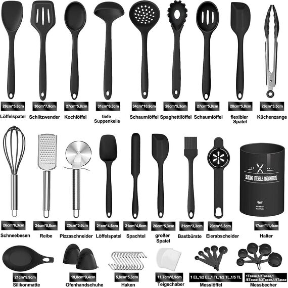 Küchenhelfer Set, 43-teiliges Silikon Kochutensilien Kochbesteck Set, Hitzebeständiger Kochgeschirr mit Utensilienhalter, Antihaft Kochset Küchenutensilien, Spülmaschinenfest - Schwar