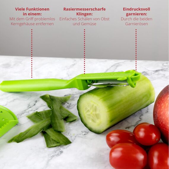 Börner Roko PowerLine Gemüseschneider Geschenk-Set (3-tlg.) • Feiner Streifenschneider für Obst & Gemüse + Fruchthalter + Kombischäler • Gemüsehobel • Küchenhobel Set • Farbe: Grün