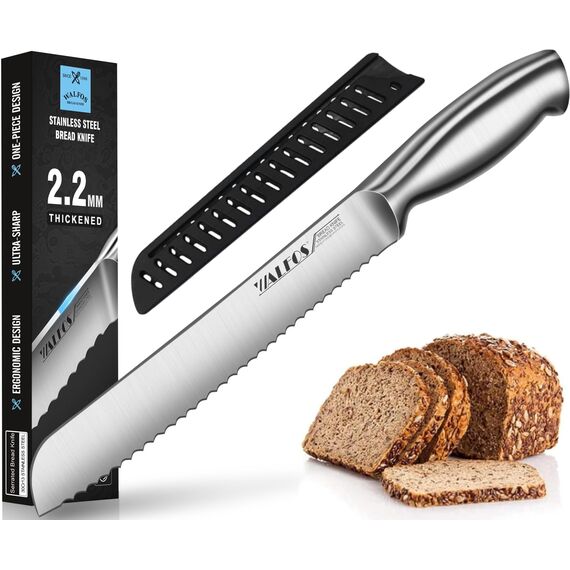 Walfos Brotmesser, Edelstahl-Brotmesser mit Wellenschliff, Ultrascharf, Einteiliges Design, Ergonomischer Griff und 8-Zoll-Klinge, ideal zum Schneiden von Brot, Bagels, Kuchen