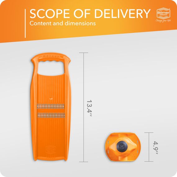Börner Roko PowerLine Gemüseschneider Set mit Fruchthalter (2-tlg.) • Feiner Streifenschneider für Obst & Gemüse + Gemüsehalter • Julienne Schneider • Gemüsehobel Set • Farbe: Orange