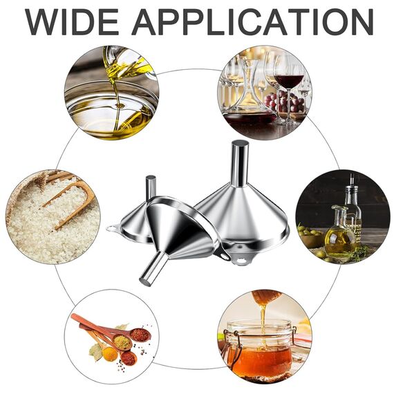 AOKITO 3 Stück Trichter Edelstahl (7.5cm/5.5cm/4.5cm), Trichter Küche, Metall Einfülltrichter, für die Übertragung von Flüssigen Zutaten, Trockenen Zutaten und Pulver, Zubehör mit 2 Reinigungsbürste