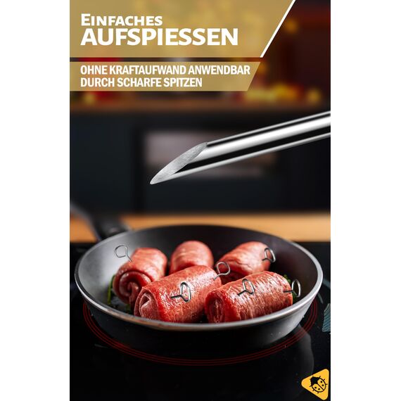 Menz Rouladennadeln, Rouladennadeln Edelstahl rostfrei, 10 cm lange Rouladenspieße mit Grifföse und scharfer Spitze als praktischer Ersatz für Rouladenklammern