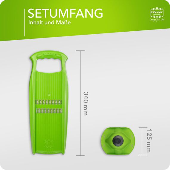 Börner Roko PowerLine Gemüseschneider Set mit Fruchthalter (2-tlg.) • Feiner Streifenschneider für Obst & Gemüse + Gemüsehalter • Julienne Schneider • Gemüsehobel Set • Farbe: Grün