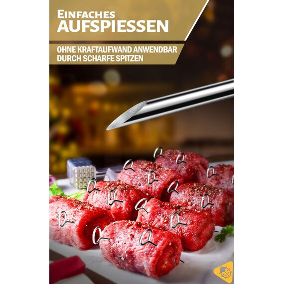 Menz Rouladennadeln, SET - 30 Stück Rouladennadeln Edelstahl rostfrei, 10 cm lange Rouladenspieße mit Grifföse und scharfer Spitze als praktischer Ersatz für Rouladenklammern