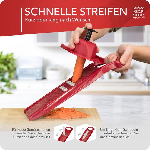 Börner Roko PowerLine Gemüseschneider Set mit Fruchthalter (2-tlg.) • Feiner Streifenschneider für Obst & Gemüse + Gemüsehalter • Julienne Schneider • Gemüsehobel Set • Farbe: Rot