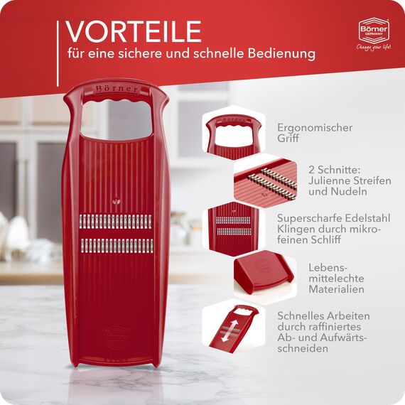 Börner Roko PowerLine Gemüseschneider • Streifenschneider für Obst & Gemüse • Julienne Schneider für feine Streifen • Gemüsehobel fein • Küchenhobel • Reibe (Rot)