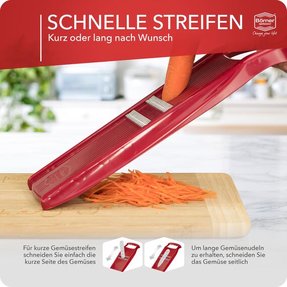 Börner Roko PowerLine Gemüseschneider • Streifenschneider für Obst & Gemüse • Julienne Schneider für feine Streifen • Gemüsehobel fein • Küchenhobel • Reibe (Rot)