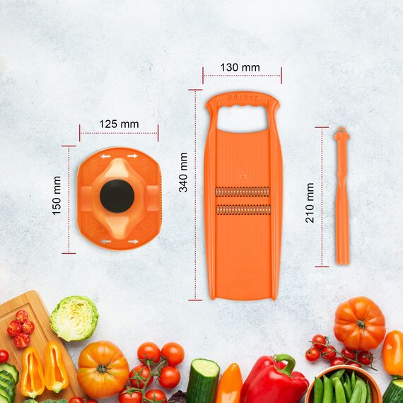 Börner Roko PowerLine Gemüseschneider Geschenk-Set (3-tlg.) • Feiner Streifenschneider für Obst & Gemüse + Fruchthalter + Kombischäler • Gemüsehobel • Küchenhobel Set • Farbe: Orange