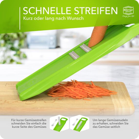 Börner Roko PowerLine Gemüseschneider • Streifenschneider für Obst & Gemüse • Julienne Schneider für feine Streifen • Gemüsehobel fein • Küchenhobel • Reibe (Grün)