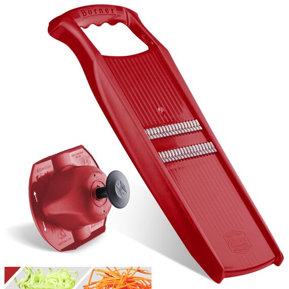 Börner Roko PowerLine Gemüseschneider Set mit Fruchthalter (2-tlg.) • Feiner Streifenschneider für Obst & Gemüse + Gemüsehalter • Julienne Schneider • Gemüsehobel Set • Farbe: Rot