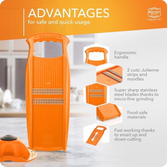 Börner Roko PowerLine Gemüseschneider Set mit Fruchthalter (2-tlg.) • Feiner Streifenschneider für Obst & Gemüse + Gemüsehalter • Julienne Schneider • Gemüsehobel Set • Farbe: Orange