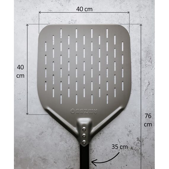 AMZBBQ® Premium Pizzaschieber - 40 x 40 x 76 cm Perforierte Pizzaschaufel aus Harteloxiertem Aluminium zum Leichten Gleiten auf Pizzastein - Grill Zubehör Geschenk für Männer