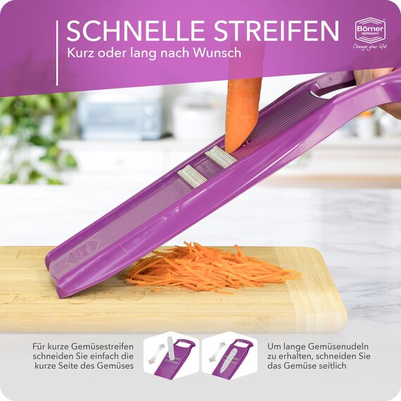 Börner Roko PowerLine Gemüseschneider • Streifenschneider für Obst & Gemüse • Julienne Schneider für feine Streifen • Gemüsehobel fein • Küchenhobel • Reibe (Violett)