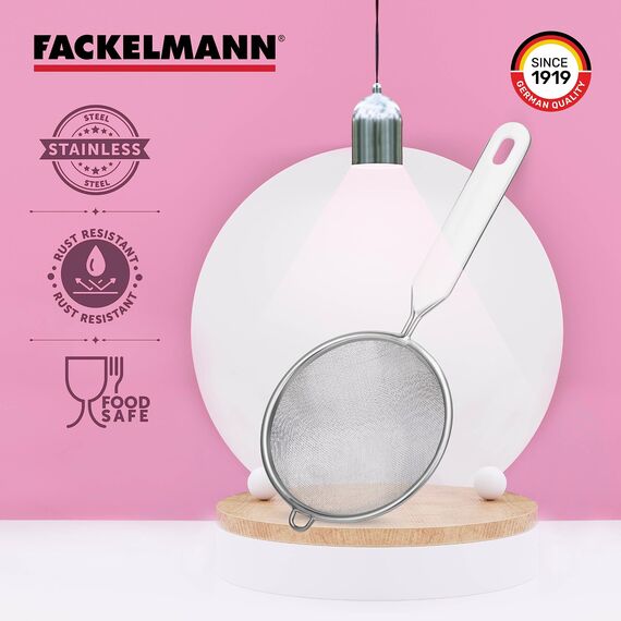 Fackelmann Sieb Ø 7 cm, Küchensieb aus Edelstahl, feinmaschiger Seiher mit Griffeinlage aus Kunststoff (Farbe: Weiß/Silber), Menge: 1 Stück