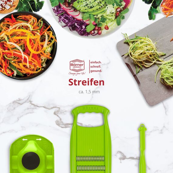 Börner Roko PowerLine Gemüseschneider Geschenk-Set (3-tlg.) • Feiner Streifenschneider für Obst & Gemüse + Fruchthalter + Kombischäler • Gemüsehobel • Küchenhobel Set • Farbe: Grün
