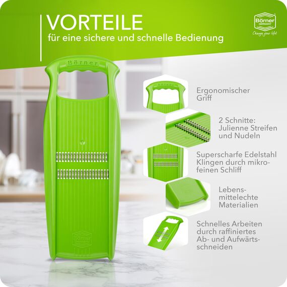 Börner Roko PowerLine Gemüseschneider • Streifenschneider für Obst & Gemüse • Julienne Schneider für feine Streifen • Gemüsehobel fein • Küchenhobel • Reibe (Grün)