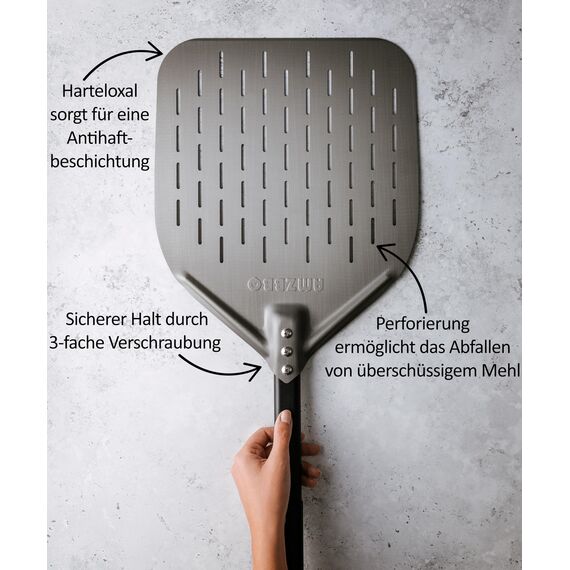 AMZBBQ® Premium Pizzaschieber - 35 x 35 x 71 cm Perforierte Pizzaschaufel aus Harteloxiertem Aluminium zum Leichten Gleiten auf Pizzastein - Grill Zubehör Geschenk für Männer