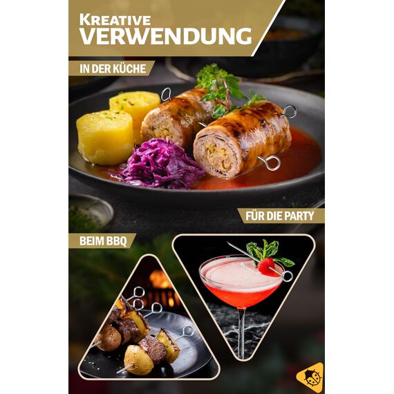 Menz Rouladennadeln, Rouladennadeln Edelstahl rostfrei, 10 cm lange Rouladenspieße mit Grifföse und scharfer Spitze als praktischer Ersatz für Rouladenklammern
