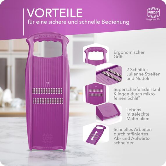Börner Roko PowerLine Gemüseschneider • Streifenschneider für Obst & Gemüse • Julienne Schneider für feine Streifen • Gemüsehobel fein • Küchenhobel • Reibe (Violett)