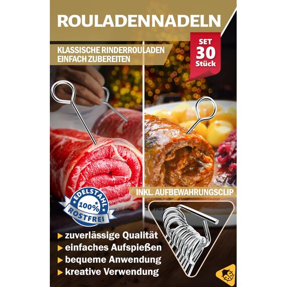 Menz Rouladennadeln, SET - 30 Stück Rouladennadeln Edelstahl rostfrei, 10 cm lange Rouladenspieße mit Grifföse und scharfer Spitze als praktischer Ersatz für Rouladenklammern