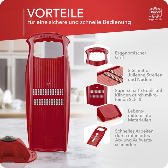 Börner Roko PowerLine Gemüseschneider Set mit Fruchthalter (2-tlg.) • Feiner Streifenschneider für Obst & Gemüse + Gemüsehalter • Julienne Schneider • Gemüsehobel Set • Farbe: Rot