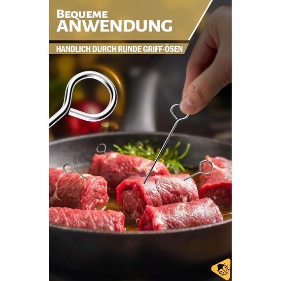 Menz Rouladennadeln, SET - 30 Stück Rouladennadeln Edelstahl rostfrei, 10 cm lange Rouladenspieße mit Grifföse und scharfer Spitze als praktischer Ersatz für Rouladenklammern