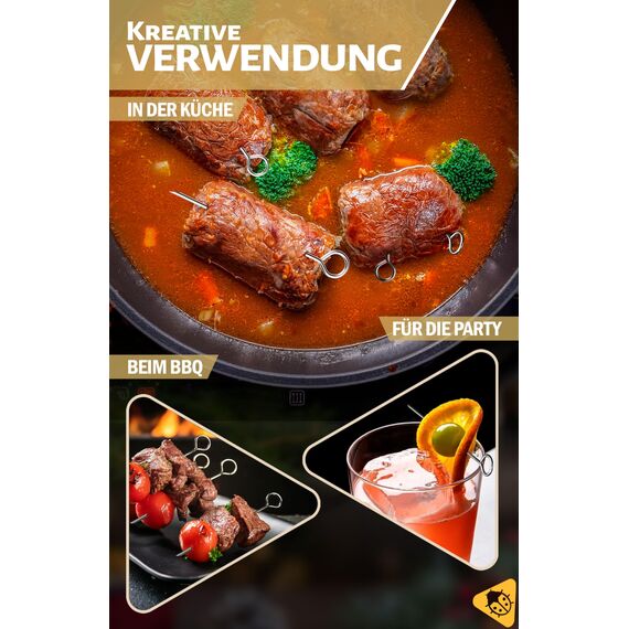 Menz Rouladennadeln, SET - 60 Stück Rouladennadeln Edelstahl rostfrei, 10 cm lange Rouladenspieße mit Grifföse und scharfer Spitze als praktischer Ersatz für Rouladenklammern