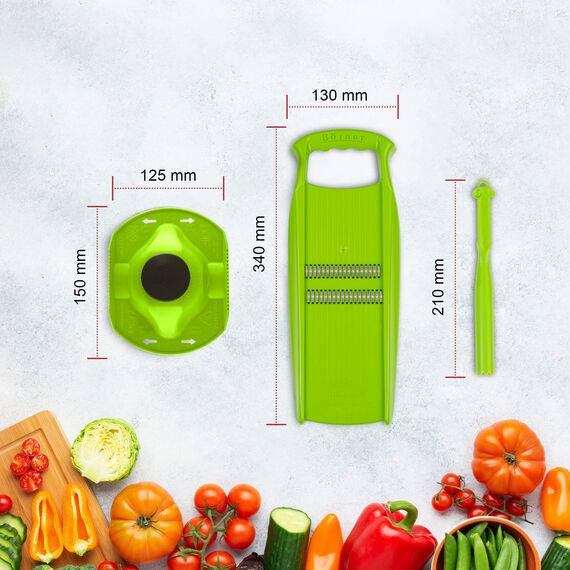 Börner Roko PowerLine Gemüseschneider Geschenk-Set (3-tlg.) • Feiner Streifenschneider für Obst & Gemüse + Fruchthalter + Kombischäler • Gemüsehobel • Küchenhobel Set • Farbe: Grün